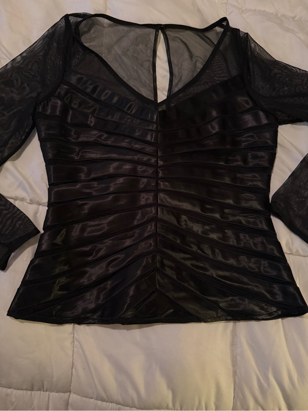 Dress Barn Black Sheer Mesh and Satin Stripe V-Neck Top - Picture 9 of 10
